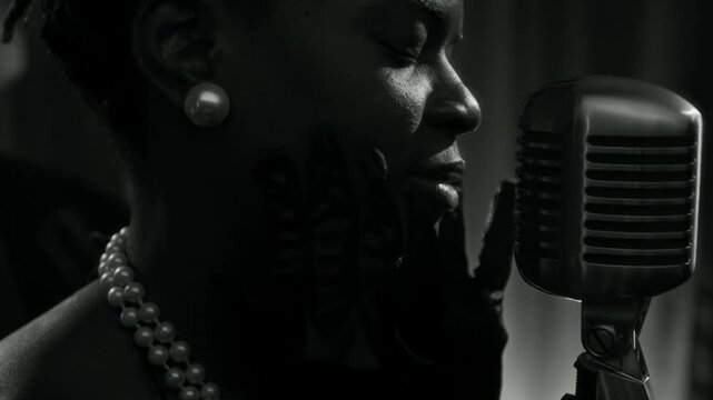 Black and white shot of glamorous Black woman singing to retro mic while performing on stage with focus on mouth and hands moving