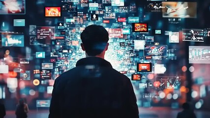 A person stands in a bustling city, surrounded by floating digital screens displaying various media - Powered by Adobe