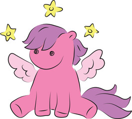Cute pink pony pegasus with a lilac mane and tail sits funny, above the pony's head are three stars, hand drawn with a brush using black curving lines