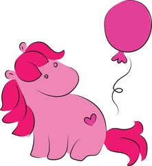 Cute pink little pony sitting and looking at flying pink balloon, hand drawn with a brush using black curving lines
