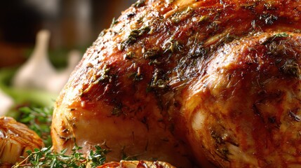 Ultra-detailed macro shot of perfectly glazed Thanksgiving turkey, crispy golden skin with herb crust, juices dripping onto roasting pan, surrounded by roasted garlic and thyme sprigs