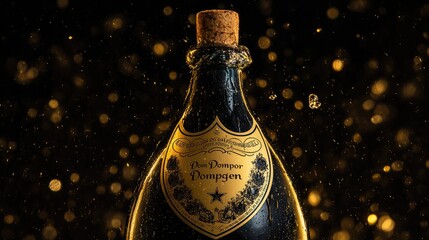 Ultra-macro shot of Dom Pérignon cork mid-pop, golden droplets crystallizing in air, black background with suspended gold leaf particles, frozen motion at 1/8000 shutter speed, Phase One IQ4 150MP det