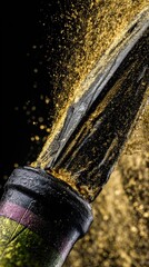 Ultra-macro shot of Dom Pérignon cork mid-pop, golden droplets crystallizing in air, black background with suspended gold leaf particles, frozen motion at 1/8000 shutter speed, Phase One IQ4 150MP det