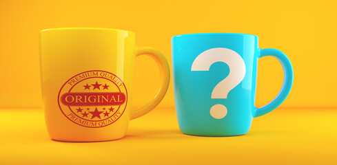 Premium logo and question mark on coffee mug. Branding doubts and quality perception in the market.