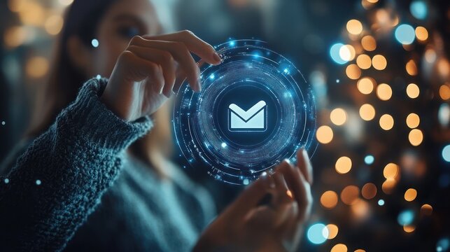 Futuristic email notification interface presented by a female user interface
