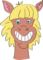 Funny smiling grinning head of brown horse with yellow shaggy mane looking at camera, hand drawn with a black brush