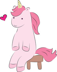 Cute little pink pony unicorn sits on a stool like a human and smiles, hand drawn with a brush using black curving lines