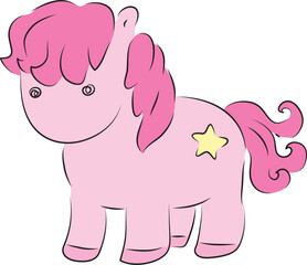 Cute little pink pony with a star on her rump stands in full size, hand drawn with a brush using black curving lines