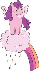 Cute pink little pegasus pony with purple mane standing on pink rain cloud with colorful rainbow, hand drawn with a brush using black curving lines