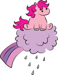 Cute little pink pony sitting funny on a lilac rain cloud with a rainbow of lilac shades, hand drawn with a brush using black curving lines