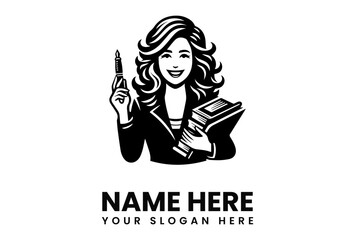 Smiling woman teacher holding books and pen, ready to educate.