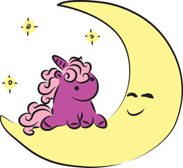 Cute little unicorn pony with curly mane funny sits on big happy crescent moon and looks at it, hand drawn with a brush using black curving lines