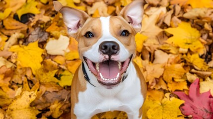 Happy Dog in Autumn Leaves, Fall Season Pet Portrait