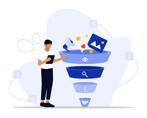 Funnel analysis concept illustration. Suitable for landing page, ui, web, App intro card, editorial, flyer, and banner.