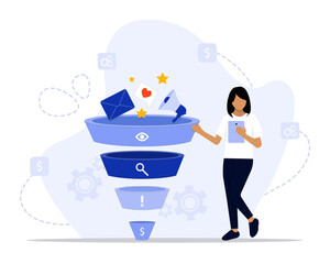 Funnel analysis concept illustration. Suitable for landing page, ui, web, App intro card, editorial, flyer, and banner.