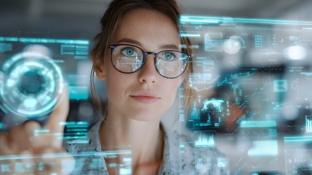 Woman interacting with a holographic interface. She's looking at data on screen, with her finger pointing towards the projection.