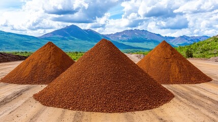 Three Conical Piles of Reddish Brown Gravel Against Mountain Range