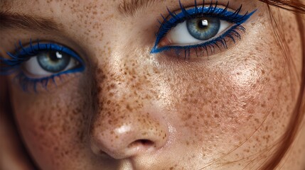 Fototapeta premium Close-up of a face with freckles and blue eyeliner and mascara for an artistic and striking makeup look. Fresh and vibrant.