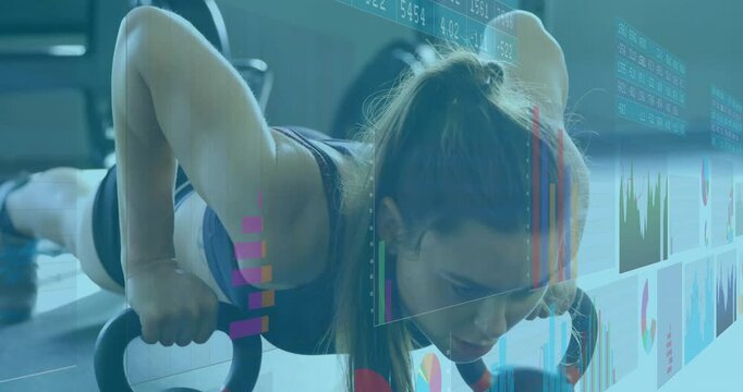 Woman gripping parallel dip bars initiating dips with AR charts tracking fitness metrics