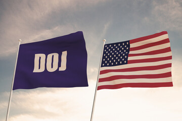 Spectacular flags of the Department of Justice (DOJ) and the United States of America (USA) waving against a cloudy blue sky. 3D rendering