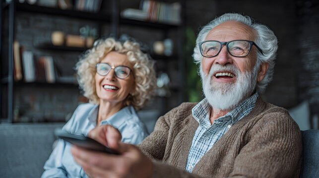 Happy elderly couple enjoy TV time together, laughing at a show, in their living room. The man holds the remote control.