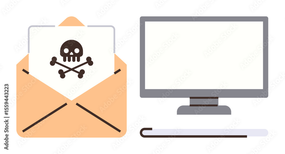 Poster malware alert in email envelope beside a blank computer monitor. ideal for cybersecurity, online thr
