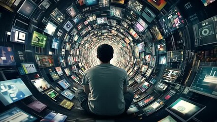 A person sitting in a vortex of digital screens, immersed in technology and information overload - Powered by Adobe