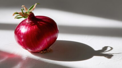 A single red onion with sprouting greens casts a shadow on a white surface, illuminated by natural light.
