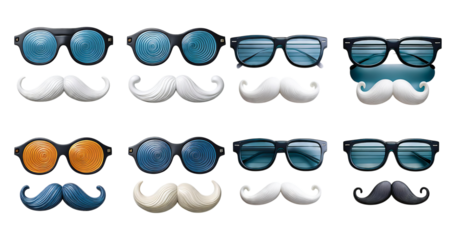 Colorful Sunglasses with Mustaches for Fun Party Decoration, isolated on transparent background