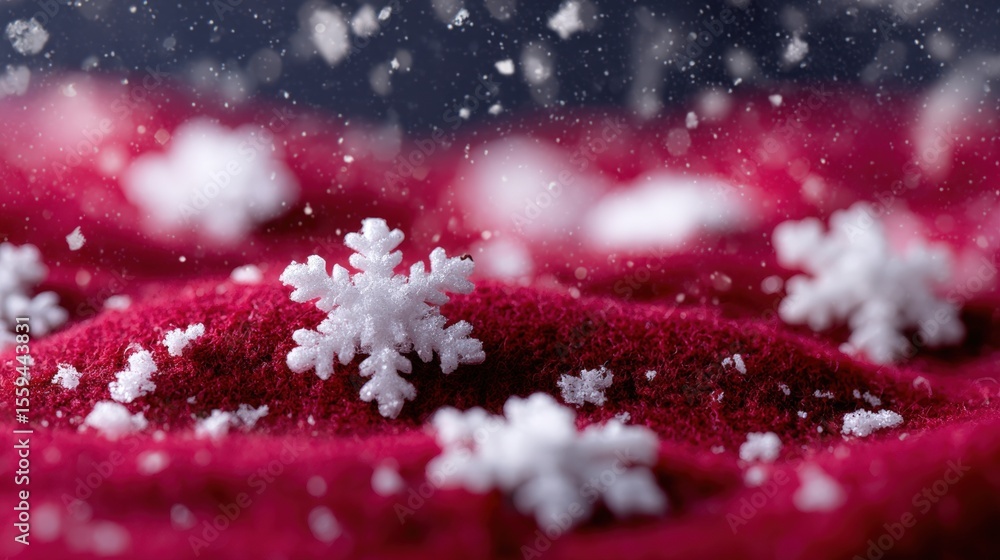 Wall mural close-up of delicate snowflakes resting on a textured red fabric, creating a festive winter scene wi