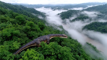 A large dinosaur overlooks a lush, mist-covered forest with rolling hills and a river winding through the landscape.