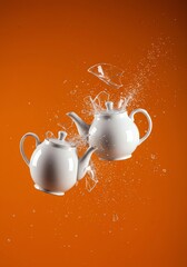 Teapots breaking with shattering glass