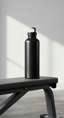Water bottle on gym bench fitness concept
