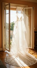 Wedding dress hanging near open window indoors