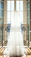 Wedding Veil Hanging in Front of Balcony Doors
