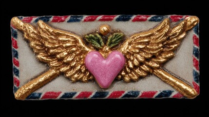 Decorative envelope with golden wings and pink heart emblem, featuring red, white, and blue border on a black background.