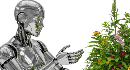 Shining chrome humanoid robot reaching its hand towards a vibrant cluster of yellow pink and green blooming flowers