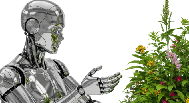 Shining chrome humanoid robot reaching its hand towards a vibrant cluster of yellow pink and green blooming flowers