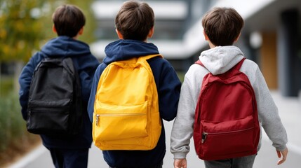 Three children wearing backpacks walk together on a school campus, showcasing friendship and education.