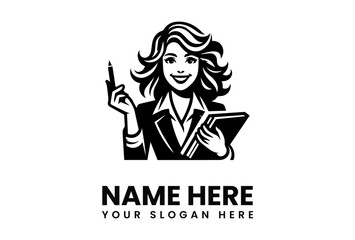 Smiling woman in a suit holding a pen and a book, presented as a logo design.
