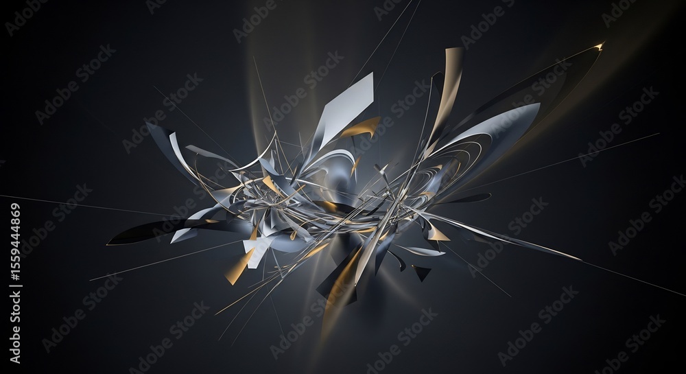 Aufkleber dynamic abstract composition: silver, gold, and linear elements on dark background