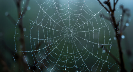 A spiderweb, glistening with water droplets, in a misty, shadowy environment.