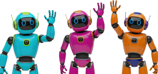 Three colorful humanoid robots stand side by side each raising a hand in a friendly wave gesture eyes glowing blue