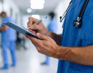 Healthcare worker in blue scrubs writing on a clipboard with stethoscope in bright medical environment