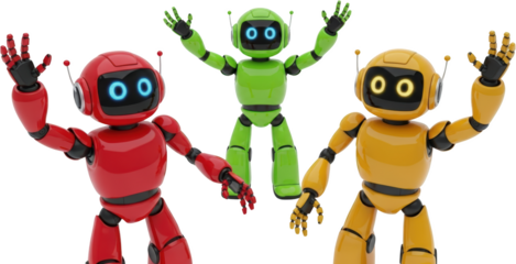 Three colorful friendly humanoid robots red green and orange with glowing eyes They are standing with arms raised on a
