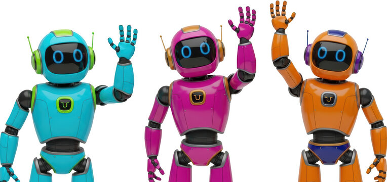 Three colorful humanoid robots stand side by side each raising a hand in a friendly wave gesture eyes glowing blue