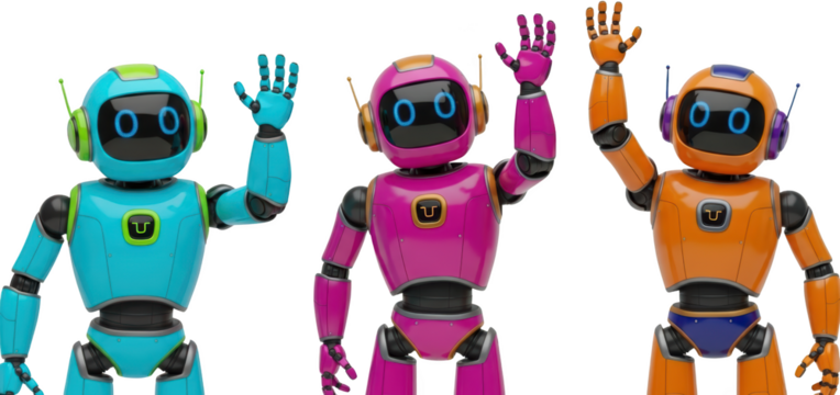 Three colorful humanoid robots stand side by side each raising a hand in a friendly wave gesture eyes glowing blue