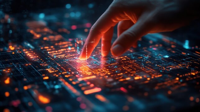 Interactive digital interface with finger pointing at glowing data visualization