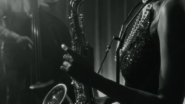 Close up black and white shot of glamorous Black woman playing saxophone during jazz performance on stage in vintage club, side view