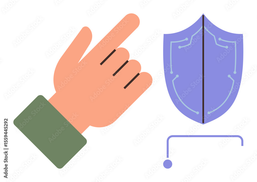 Aufkleber hand pointing near a shield with circuit lines, depicting cybersecurity, data protection, secure acc